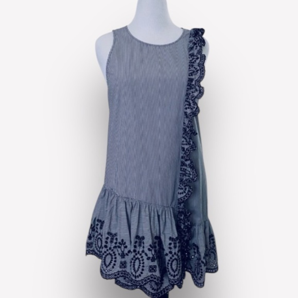 🇪🇸🥑BP by Nordstrom drop waist dress ruffle pinstripes eyelet navy blue small